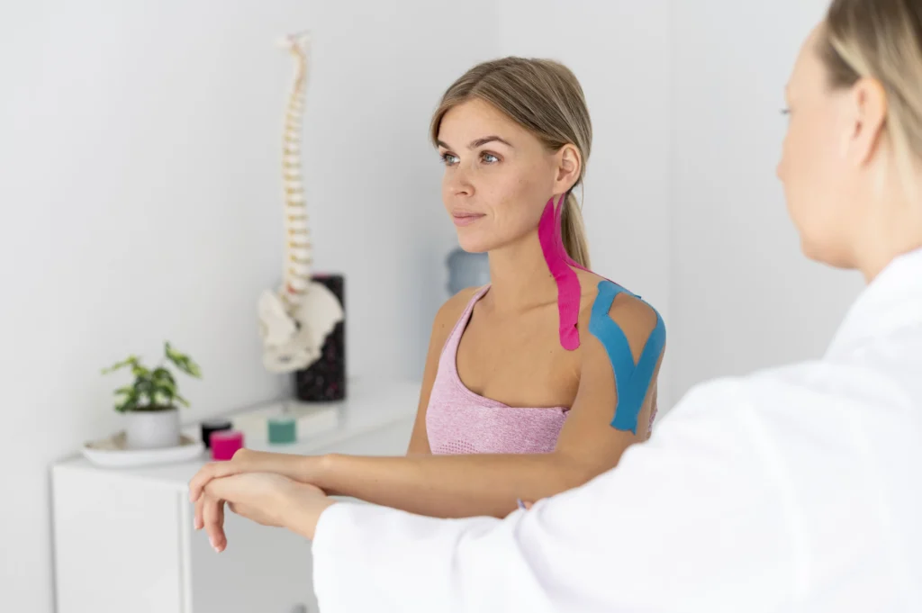 Physiotherapist conducting taping treatment on a patient.